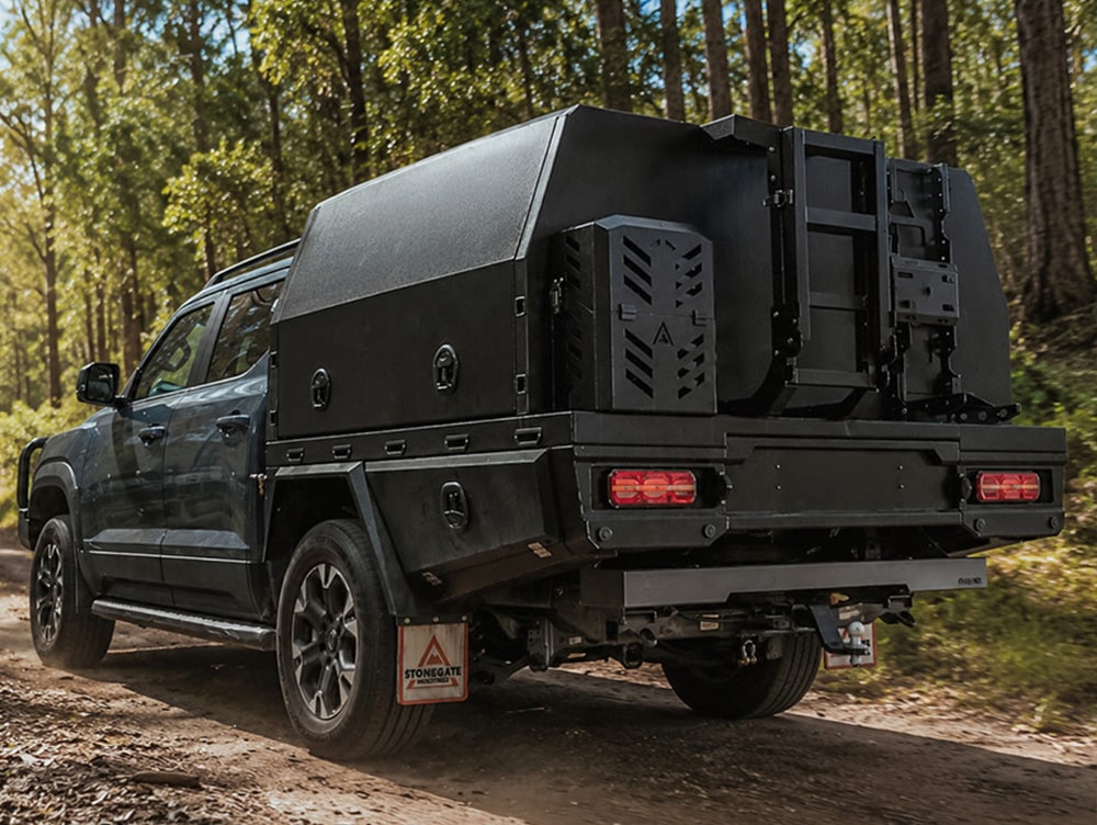 H-Series canopy and ute tray combo with water tank, ladder and spare wheel holder